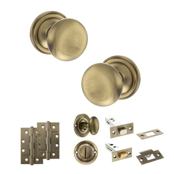 Old English Harrogate Door Knob Pack (Bathroom Set - 3" Deadbolt, 4" Slim Knuckle Hinges x2) by Atlantic Hardware