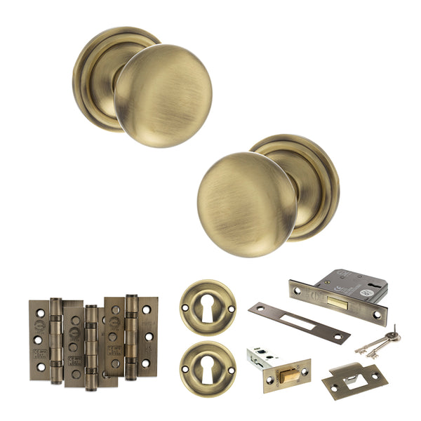 Old English Harrogate Door Knob Pack (Lock Set - 3" Latch & Deadlock, 3" Fire Rated Hinges x3) by Atlantic Hardware
