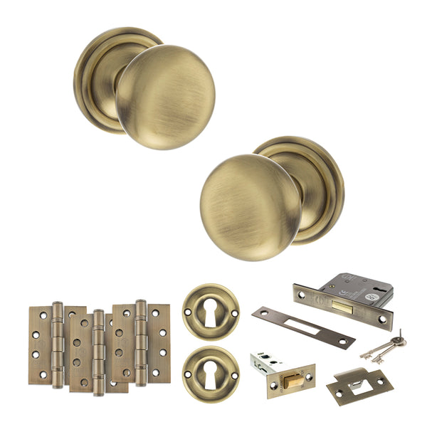 Old English Harrogate Door Knob Pack (Lock Set - 3" Latch & Deadlock, 4" Fire Rated Hinges x3) by Atlantic Hardware