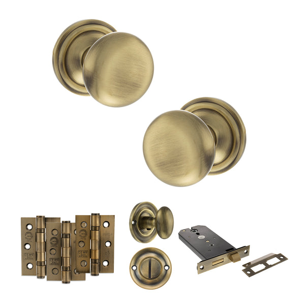 Old English Harrogate Door Knob Pack (Lock Set - Horizontal Bathlock, 3" Fire Rated Hinges x3) by Atlantic Hardware
