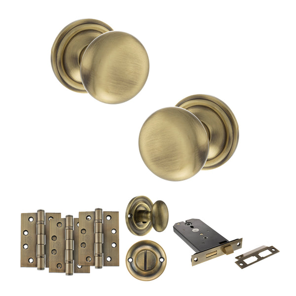 Old English Harrogate Door Knob Pack (Lock Set - Horizontal Bathlock, 4" Fire Rated Hinges x3) by Atlantic Hardware
