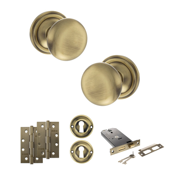 Old English Harrogate Door Knob Pack (Lock Set - Horizontal Sashlock, 4" Slim Knuckle Hinges x2) by Atlantic Hardware
