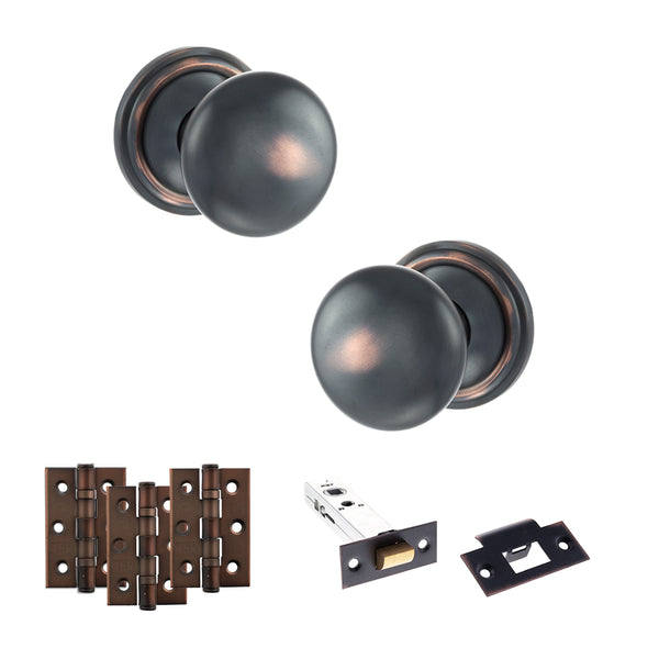 Old English Harrogate Door Knob Pack (Latch Set - 4" HD Latch, 3" Fire Rated Hinges x3) by Atlantic Hardware