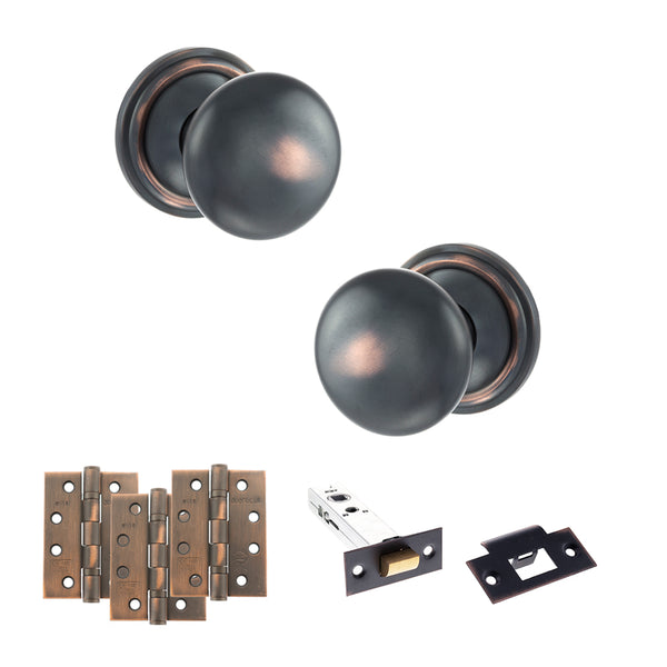Old English Harrogate Door Knob Pack (Latch Set - 3" HD Latch, 4" Fire Rated Hinges x3) by Atlantic Hardware