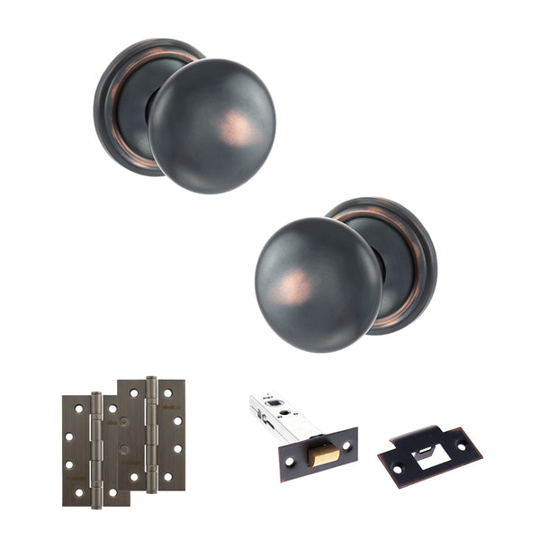 Old English Harrogate Door Knob Pack (Latch Set - 4" HD Latch, 4" Slim Knuckle Hinges x2) by Atlantic Hardware