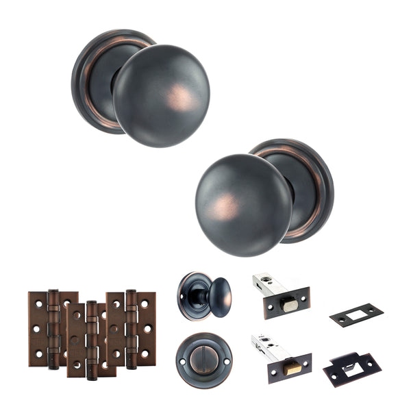 Old English Harrogate Door Knob Pack (Bathroom Set - 4" Deadbolt, 3" Fire Rated Hinges x3) by Atlantic Hardware