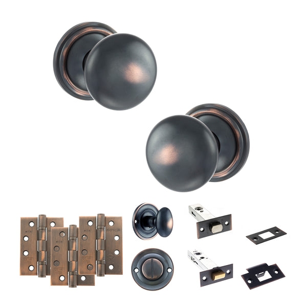 Old English Harrogate Door Knob Pack (Bathroom Set - 4" Deadbolt, 4" Fire Rated Hinges x3) by Atlantic Hardware
