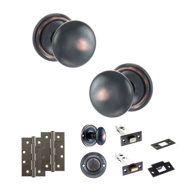 Old English Harrogate Door Knob Pack (Bathroom Set - 4" Deadbolt, 4" Slim Knuckle Hinges x2) by Atlantic Hardware