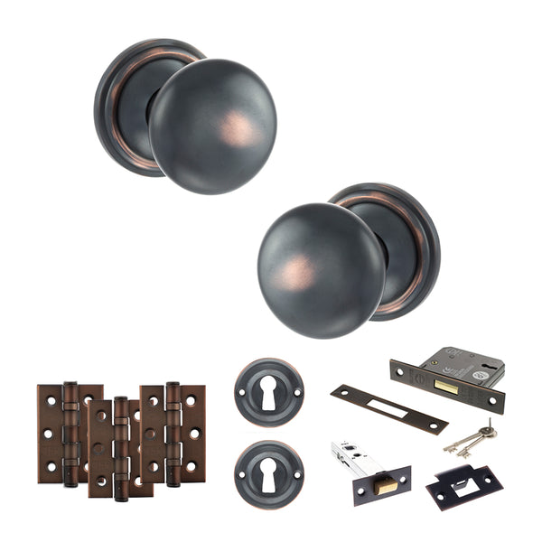 Old English Harrogate Door Knob Pack (Lock Set - 3" Latch & Deadlock, 3" Fire Rated Hinges x3) by Atlantic Hardware