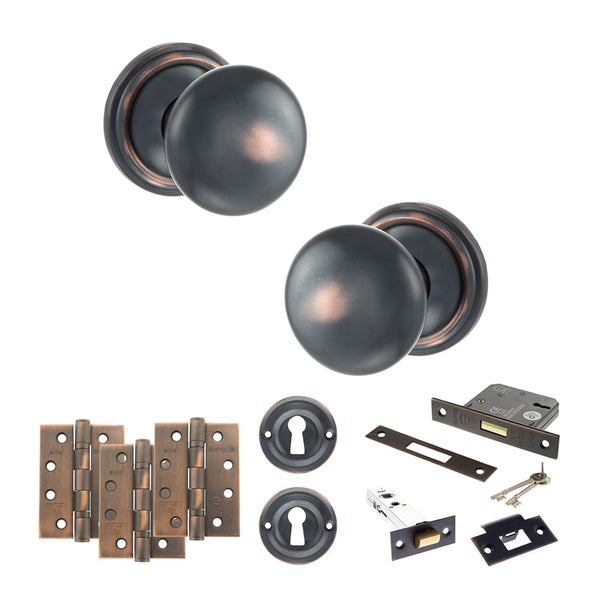 Old English Harrogate Door Knob Pack (Lock Set - 3" Latch & Deadlock, 4" Fire Rated Hinges x3) by Atlantic Hardware