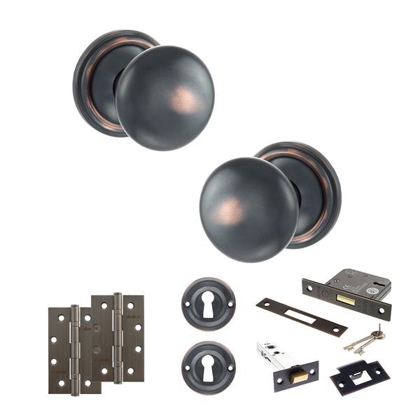 Old English Harrogate Door Knob Pack (Lock Set - 3" Latch & Deadlock, 4" Slim Knuckle Hinges x2) by Atlantic Hardware
