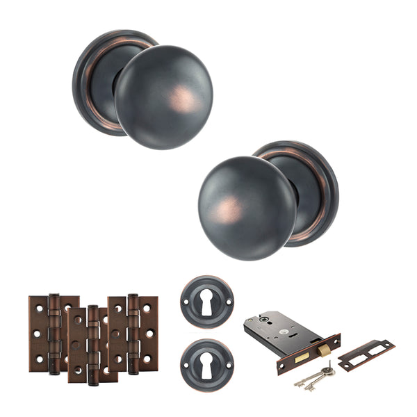 Old English Harrogate Door Knob Pack (Lock Set - Horizontal Sashlock, 3" Fire Rated Hinges x3) by Atlantic Hardware