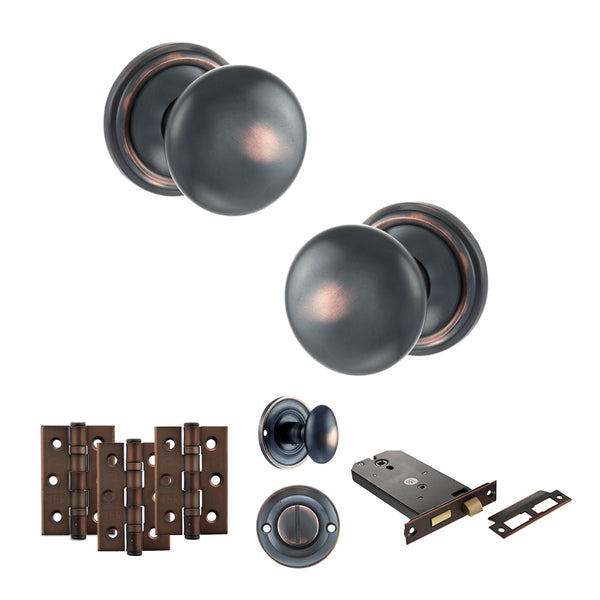 Old English Harrogate Door Knob Pack (Lock Set - Horizontal Bathlock, 3" Fire Rated Hinges x3) by Atlantic Hardware