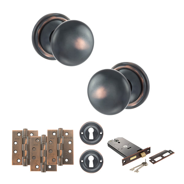 Old English Harrogate Door Knob Pack (Lock Set - Horizontal Sashlock, 4" Fire Rated Hinges x3) by Atlantic Hardware