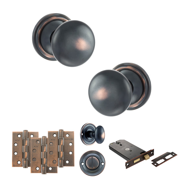 Old English Harrogate Door Knob Pack (Lock Set - Horizontal Bathlock, 4" Fire Rated Hinges x3) by Atlantic Hardware