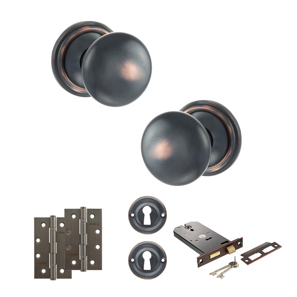Old English Harrogate Door Knob Pack (Lock Set - Horizontal Sashlock, 4" Slim Knuckle Hinges x2) by Atlantic Hardware