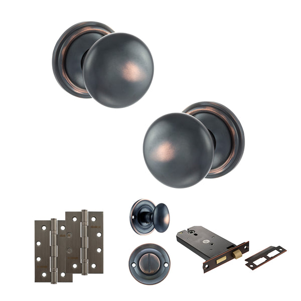 Old English Harrogate Door Knob Pack (Lock Set - Horizontal Bathlock, 4" Slim Knuckle Hinges x2) by Atlantic Hardware