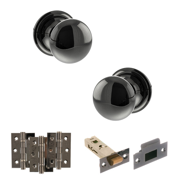 Old English Harrogate Door Knob Pack (Latch Set - 4" HD Latch, 3" Fire Rated Hinges x3) by Atlantic Hardware