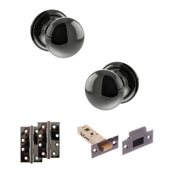 Old English Harrogate Door Knob Pack (Latch Set - 4" HD Latch, 4" Slim Knuckle Hinges x2) by Atlantic Hardware