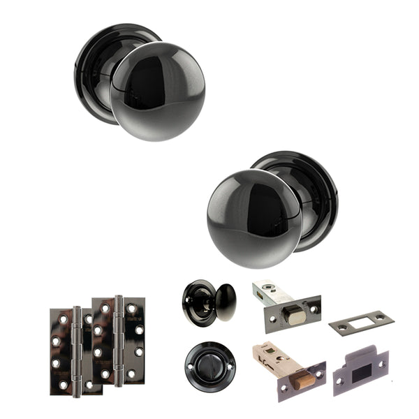 Old English Harrogate Door Knob Pack (Bathroom Set - 3" Deadbolt, 4" Slim Knuckle Hinges x2) by Atlantic Hardware