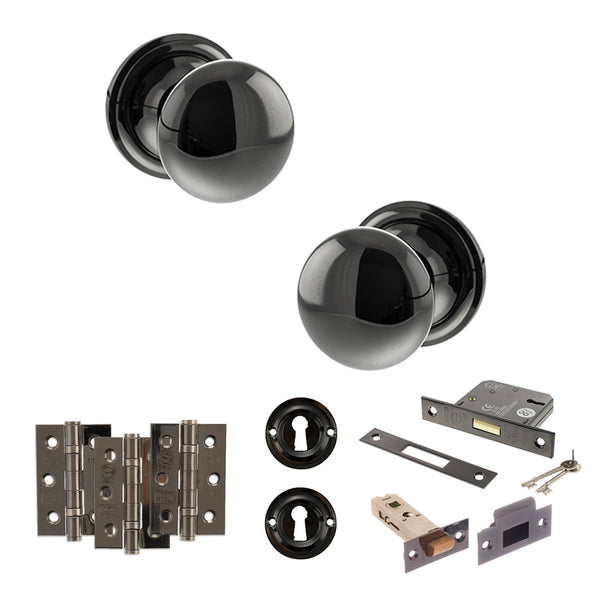 Old English Harrogate Door Knob Pack (Lock Set - 3" Latch & Deadlock, 3" Fire Rated Hinges x3) by Atlantic Hardware