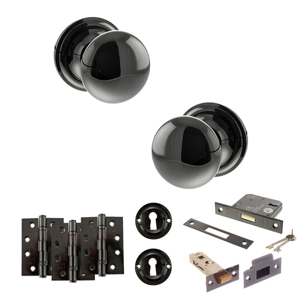 Old English Harrogate Door Knob Pack (Lock Set - 3" Latch & Deadlock, 4" Fire Rated Hinges x3) by Atlantic Hardware