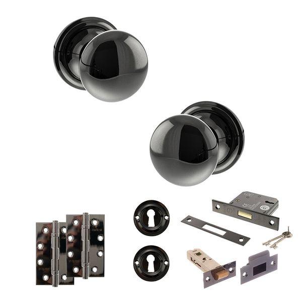 Old English Harrogate Door Knob Pack (Lock Set - 3" Latch & Deadlock, 4" Slim Knuckle Hinges x2) by Atlantic Hardware