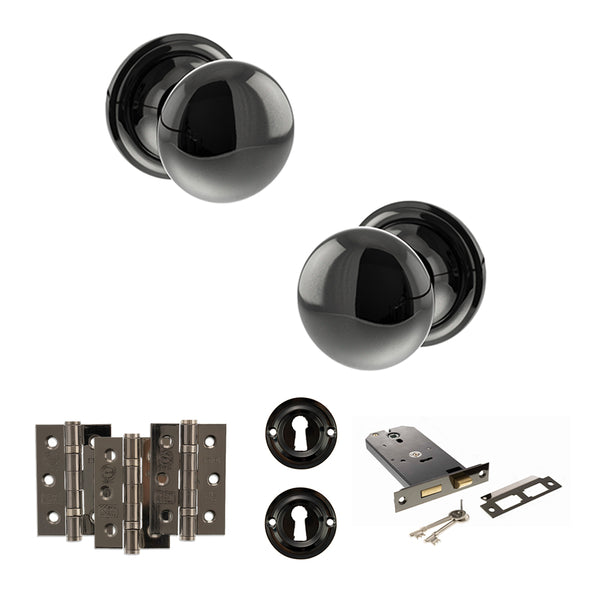 Old English Harrogate Door Knob Pack (Lock Set - Horizontal Sashlock, 3" Fire Rated Hinges x3) by Atlantic Hardware