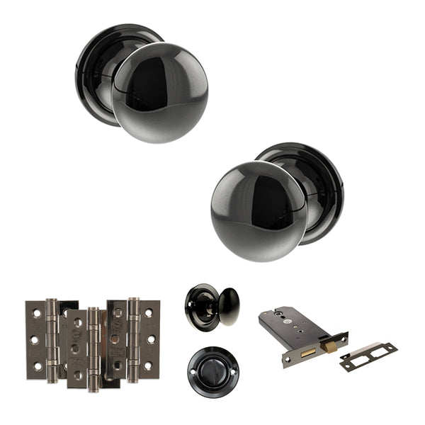 Old English Harrogate Door Knob Pack (Lock Set - Horizontal Bathlock, 3" Fire Rated Hinges x3) by Atlantic Hardware