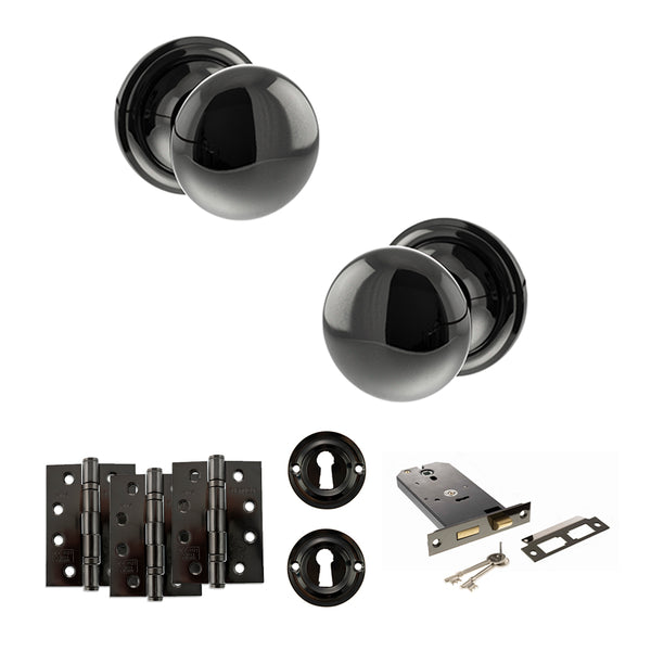 Old English Harrogate Door Knob Pack (Lock Set - Horizontal Sashlock, 4" Fire Rated Hinges x3) by Atlantic Hardware