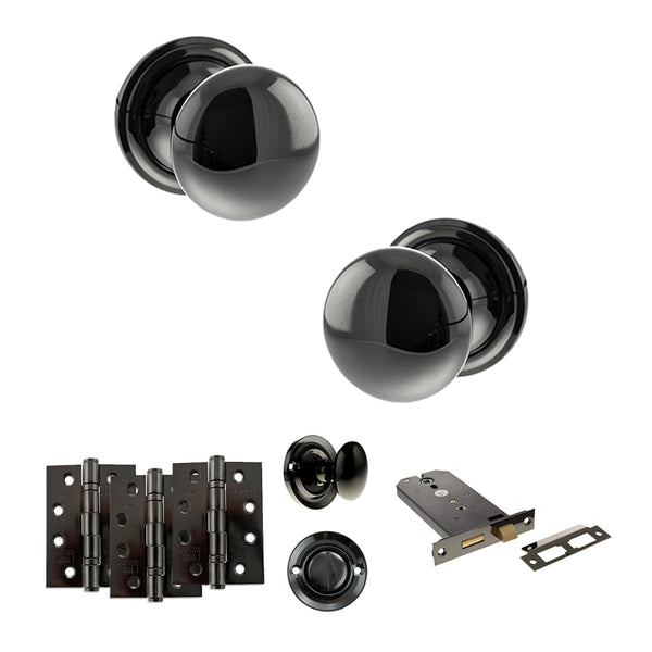 Old English Harrogate Door Knob Pack (Lock Set - Horizontal Bathlock, 4" Fire Rated Hinges x3) by Atlantic Hardware