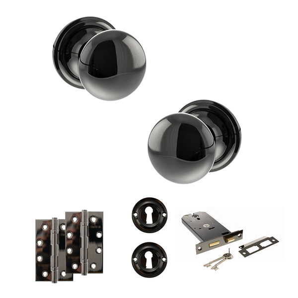 Old English Harrogate Door Knob Pack (Lock Set - Horizontal Sashlock, 4" Slim Knuckle Hinges x2) by Atlantic Hardware