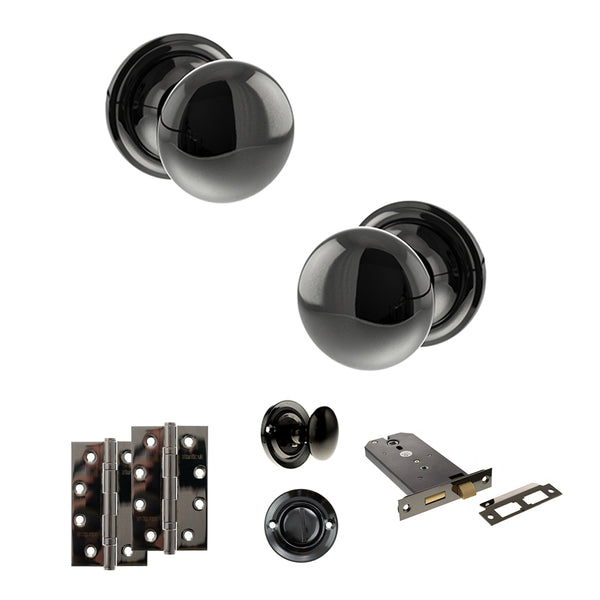 Old English Harrogate Door Knob Pack (Lock Set - Horizontal Bathlock, 4" Slim Knuckle Hinges x2) by Atlantic Hardware