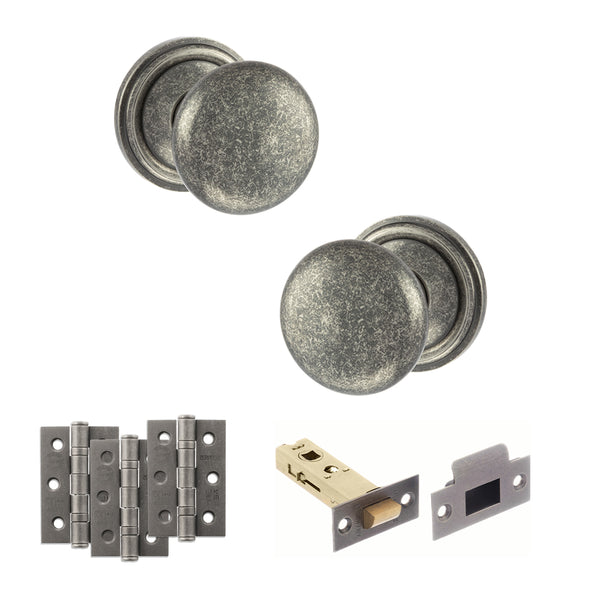 Old English Harrogate Door Knob Pack (Latch Set - 4" HD Latch, 3" Fire Rated Hinges x3) by Atlantic Hardware
