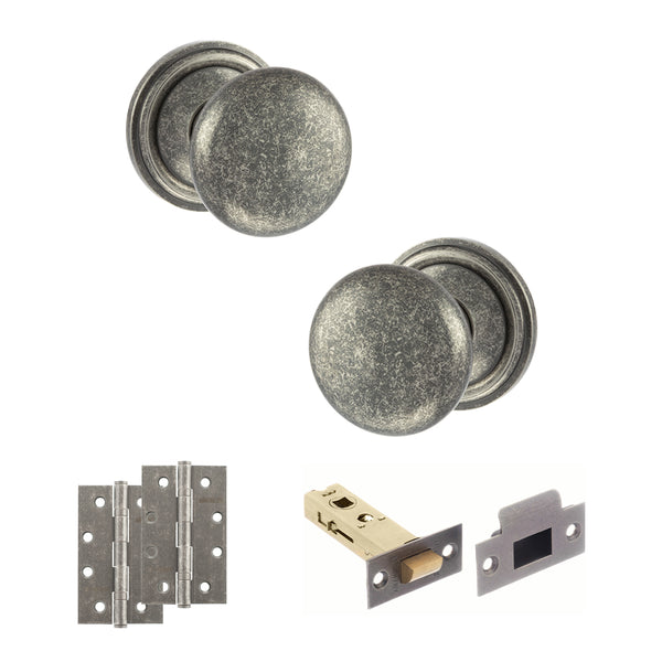 Old English Harrogate Door Knob Pack (Latch Set - 3" HD Latch, 4" Slim Knuckle Hinges x2) by Atlantic Hardware