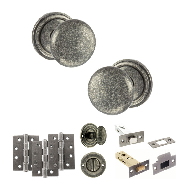 Old English Harrogate Door Knob Pack (Bathroom Set - 4" Deadbolt, 4" Fire Rated Hinges x3) by Atlantic Hardware