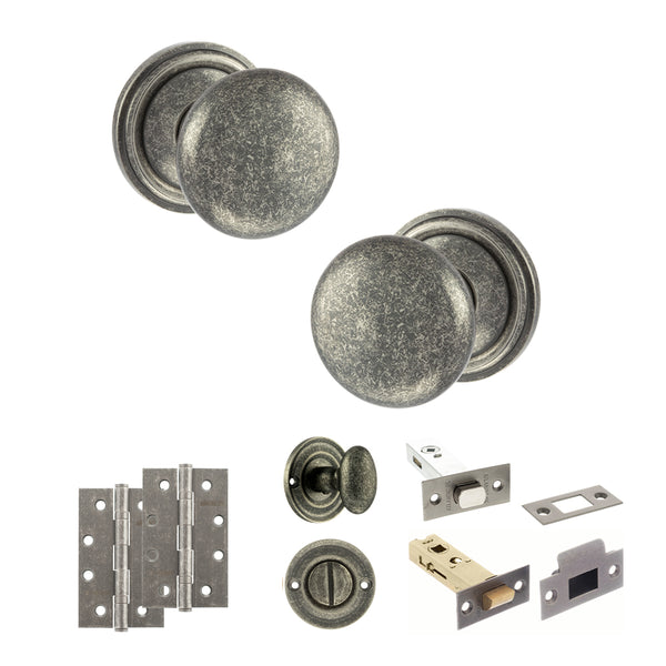 Old English Harrogate Door Knob Pack (Bathroom Set - 4" Deadbolt, 4" Slim Knuckle Hinges x2) by Atlantic Hardware