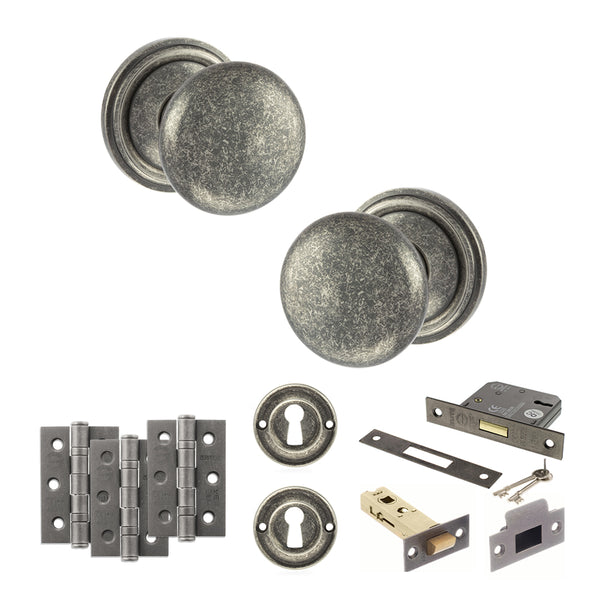 Old English Harrogate Door Knob Pack (Lock Set - 3" Latch & Deadlock, 3" Fire Rated Hinges x3) by Atlantic Hardware