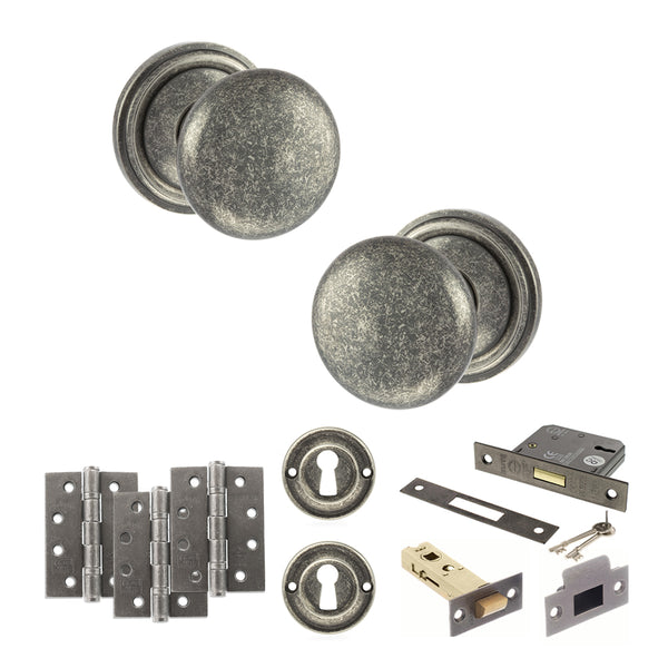 Old English Harrogate Door Knob Pack (Lock Set - 3" Latch & Deadlock, 4" Fire Rated Hinges x3) by Atlantic Hardware