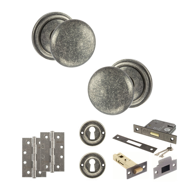 Old English Harrogate Door Knob Pack (Lock Set - 3" Latch & Deadlock, 4" Slim Knuckle Hinges x2) by Atlantic Hardware