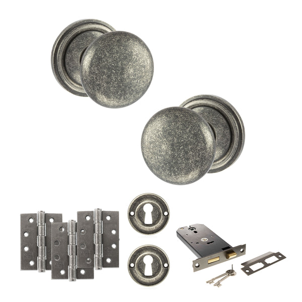 Old English Harrogate Door Knob Pack (Lock Set - Horizontal Sashlock, 3" Fire Rated Hinges x3) by Atlantic Hardware