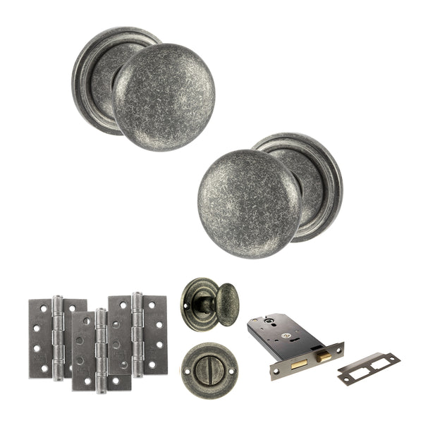 Old English Harrogate Door Knob Pack (Lock Set - Horizontal Bathlock, 3" Fire Rated Hinges x3) by Atlantic Hardware