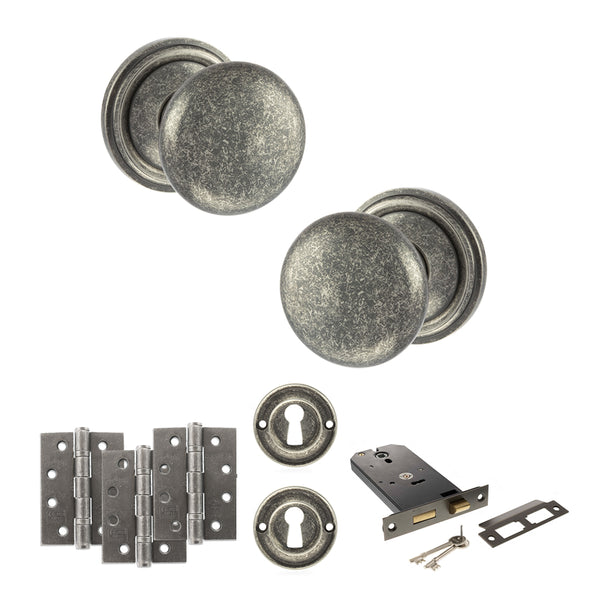 Old English Harrogate Door Knob Pack (Lock Set - Horizontal Sashlock, 4" Fire Rated Hinges x3) by Atlantic Hardware