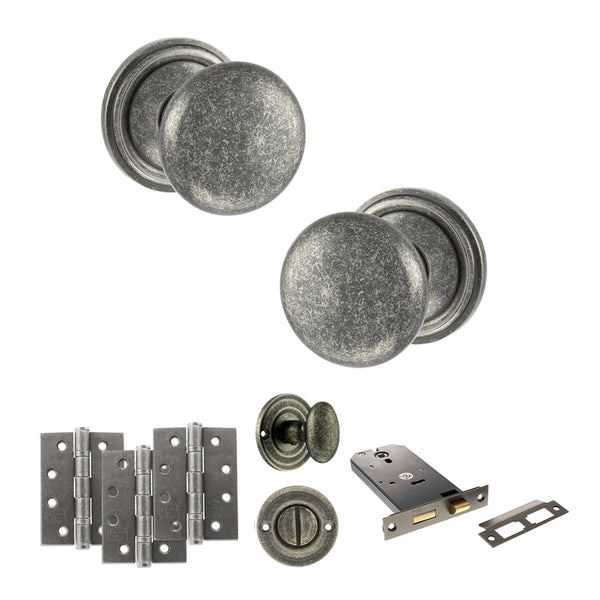 Old English Harrogate Door Knob Pack (Lock Set - Horizontal Bathlock, 4" Fire Rated Hinges x3) by Atlantic Hardware