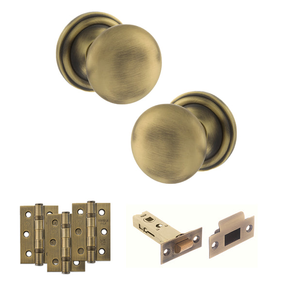 Old English Harrogate Door Knob Pack (Latch Set - 3" HD Latch, 3" Fire Rated Hinges x3) by Atlantic Hardware