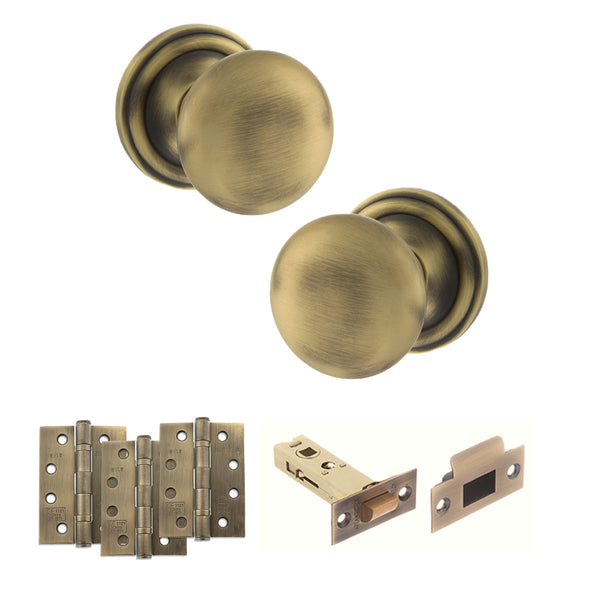 Old English Harrogate Door Knob Pack (Latch Set - 3" HD Latch, 4" Fire Rated Hinges x3) by Atlantic Hardware