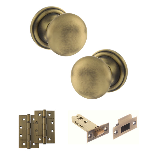 Old English Harrogate Door Knob Pack (Latch Set - 4" HD Latch, 4" Slim Knuckle Hinges x2) by Atlantic Hardware