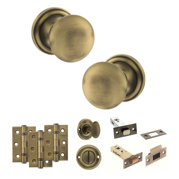Old English Harrogate Door Knob Pack (Bathroom Set - 4" Deadbolt, 3" Fire Rated Hinges x3) by Atlantic Hardware