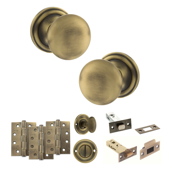 Old English Harrogate Door Knob Pack (Bathroom Set - 4" Deadbolt, 4" Fire Rated Hinges x3) by Atlantic Hardware