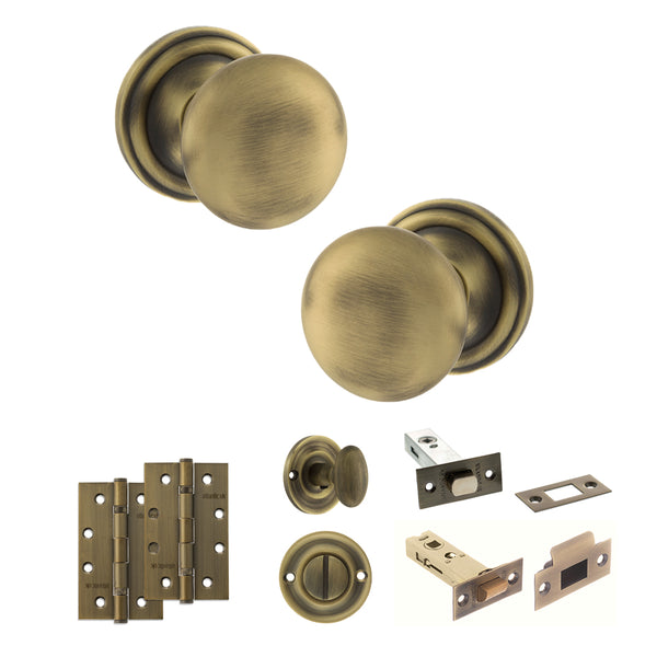 Old English Harrogate Door Knob Pack (Bathroom Set - 3" Deadbolt, 4" Slim Knuckle Hinges x2) by Atlantic Hardware